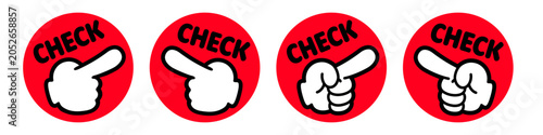 CHECK 指さしマークアイコンセット 注意喚起と確認デザイン素材 Check Finger Pointer Icon Set Attention and Confirmation Badge Design
