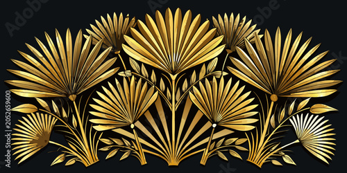 Gold fan palm leaf art deco ornament, vector