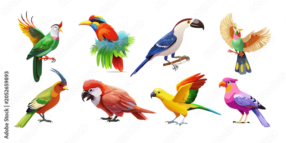 Obraz premium Colorful exotic tropical birds collection set, vector