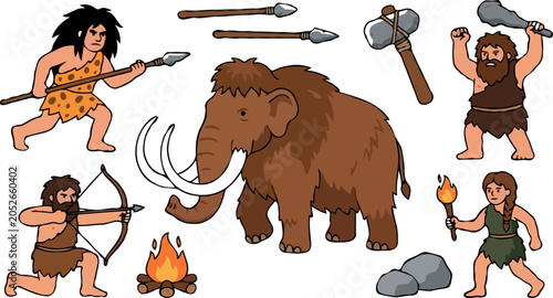 Valokuva Prehistoric caveman and woolly mammoth vector set featuring stone age characters