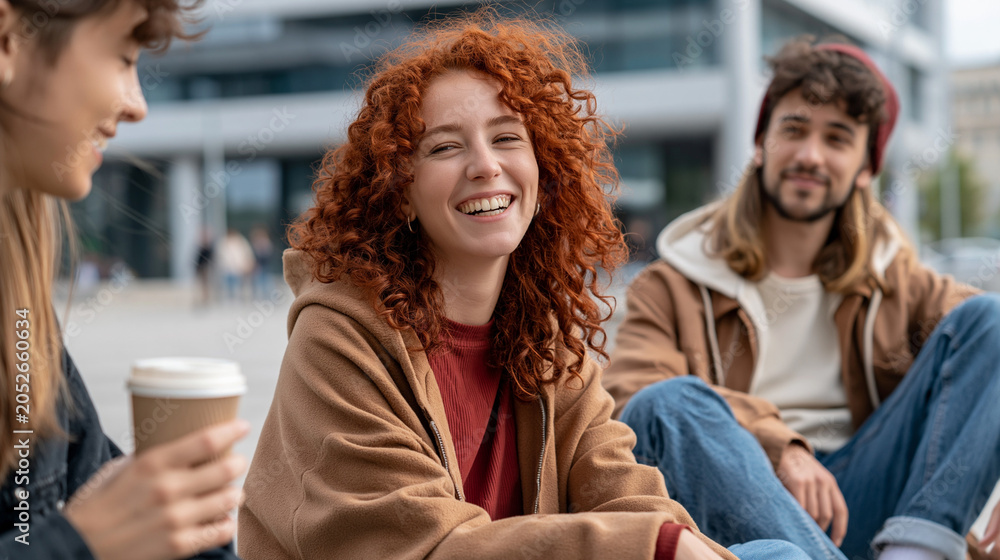 Obraz premium Friends Chatting Outdoors: A group of young adults with varied hair colors and styles share a lighthearted moment outdoors, one holding a coffee cup and smiling warmly.