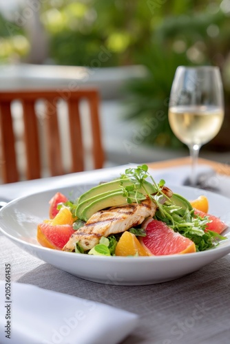 a grilled chicken salad with avocado, oranges, and grapefruit on an outdoor table on a sunny day
