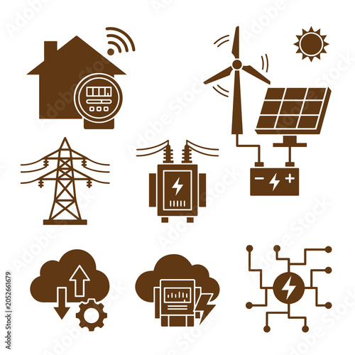 Tableau sur toile Renewable Energy Icons House Wind Turbine Solar Panel And Power Grid