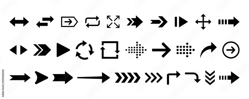 Naklejka premium Flat cursor and arrow icons. Arrow element set. Black arrow pointer icon set.