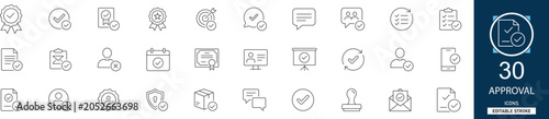 Fotografie Approval line icon set with 30 icons check mark, verification, authorized, confirmed, stamp, signature, success, agreement