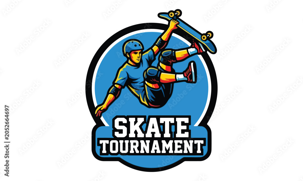 Obraz premium Skateboarder Performing Trick for Skate Tournament Logo Emblem