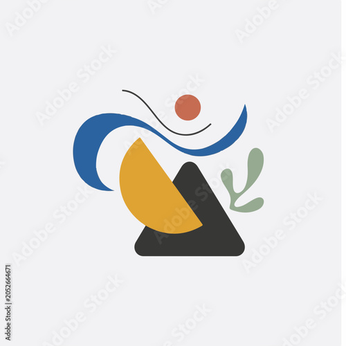 Abstract composition blending geometric and organic shapes, featuring a bold triangle, vibrant curve, and fluid lines for a balanced, modern graphic