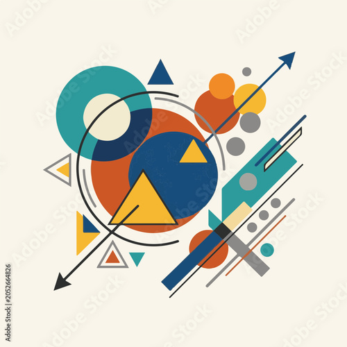 Vibrant abstract geometric composition with overlapping circles, dynamic triangles, and intersecting lines, creating a modern graphic design that conveys balance and movement