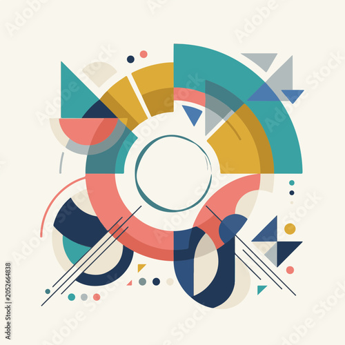 Dynamic Abstract Geometric Composition with Vibrant Colors, Modern Design and Intricate Shapes, Illustrating Harmonious Visual Balance and Artistic Expression