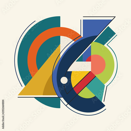 Vibrant abstract geometric composition with overlapping shapes and bold colors, a modern graphic art piece representing dynamic forms and a contemporary design aesthetic