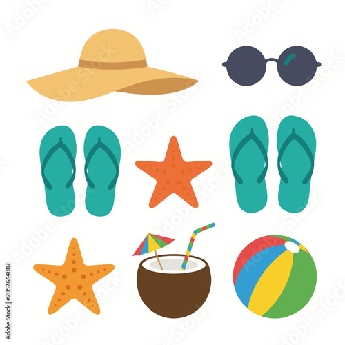 Summer beach vacation vector graphics collection. Colorful flat design illustration hat, sunglasses, flip-flops, starfish, coconut drink, beach ball, travel