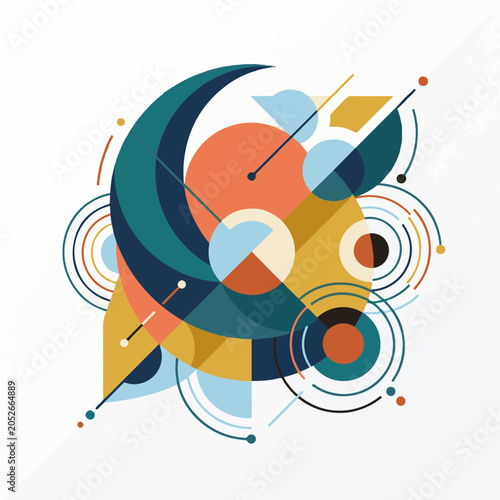 Dynamic abstract geometric composition featuring vibrant shapes and interconnected lines, embodying a modern graphic design concept with contemporary artistic flair