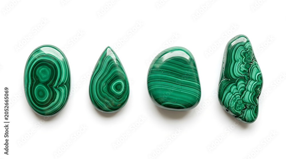 Naklejka premium Four Polished Natural Malachite Green Gemstones Isolated on a Pure White Background