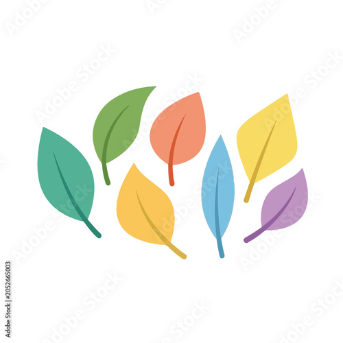 Vibrant and diverse collection of stylized graphic leaves in various pastel hues, perfect for nature-inspired design projects and ecological themes