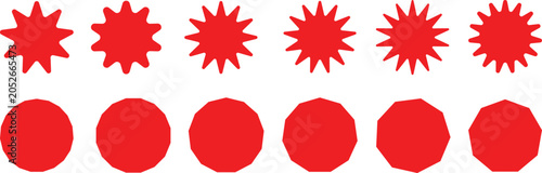 Konstfotografi Bright red starburst shapes and geometric polygon icons arranged in two neat rows against a plain white background for modern graphic design and vector illustration projects