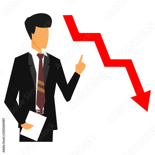 businessman with red downward arrow on graph