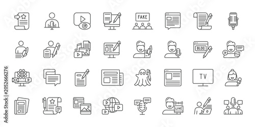 Journalism News Media icons in line design. journalism, news, media, reporter, newspaper, communication, broadcast on white background vector. Journalism News Media editable stroke icon
