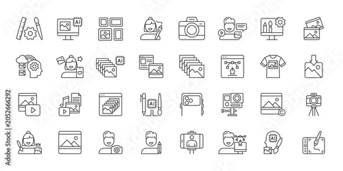 Photo Image Editing icons in line design. photo, image, editing, camera, design, media, retouching on white background vector. Photo Image Editing editable stroke icon