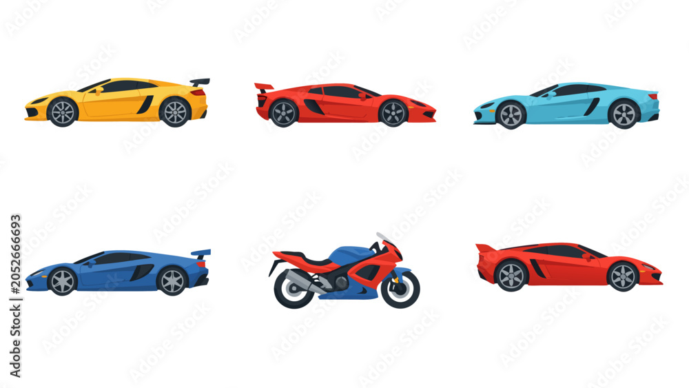 Fototapeta premium Collection of colorful sports cars and a motorcycle in a clean, modern illustration style