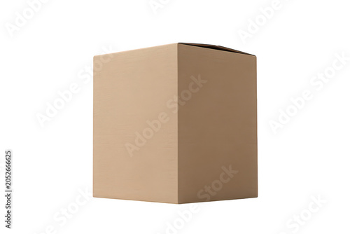 A single empty square cardboard shipping box made of brown corrugated paper, viewed from a slightly elevated angle on a solid black background