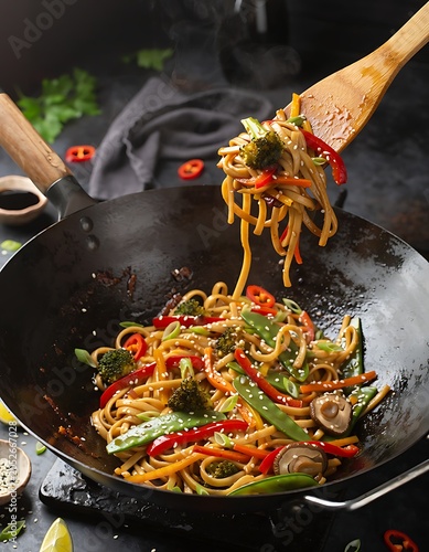 Stir frying noodles with vegetables in a wok.