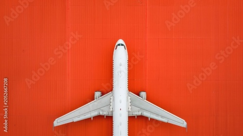 An overhead perspective captures a white commercial aircraft with wings spread resting on a brightly colored orange industrial tar featuring a distinct linear pattern