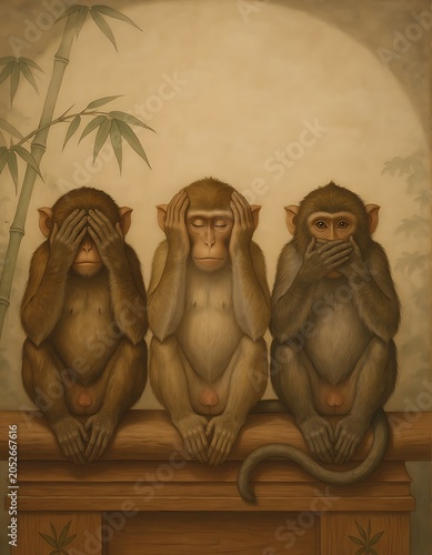 Three Wise Monkeys Artwork with Bamboo Background.