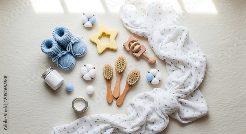 Baby items on white blanket table.