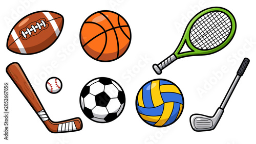Collection of diverse sports equipment and balls for various games and activities