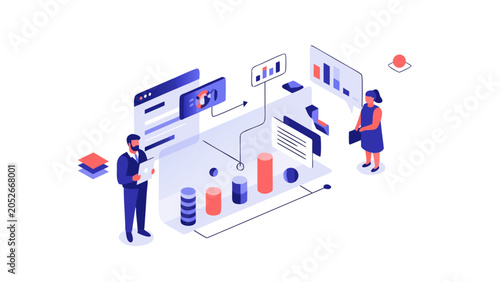 Business analytics and data visualization with isometric characters and charts