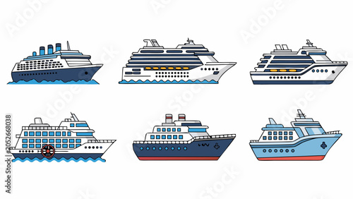 Collection of six different cruise ship illustrations on a white background