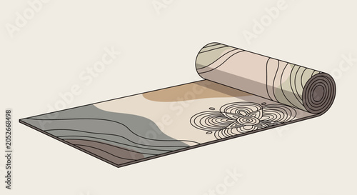 Unrolled yoga mat illustration with floral design and abstract earth-tone patterns.