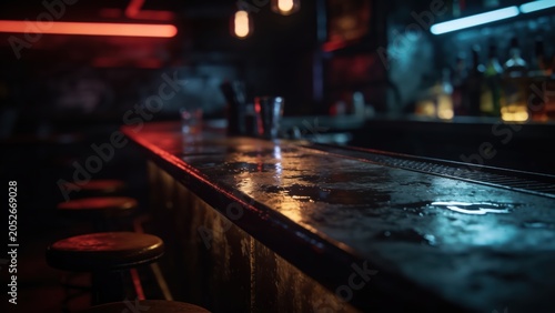 Empty bar counter with wet surface in dark club. Nightlife interior with neon red and blue light reflection on wooden table. Pub atmosphere for social gathering and relaxation concept.