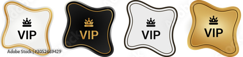 VIP Label Set – Gold Silver Bronze Luxury Badge with Crown Icon Flat Vector Illustration