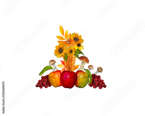Autumn harvest watercolor bouquet with pumpkin and fruits