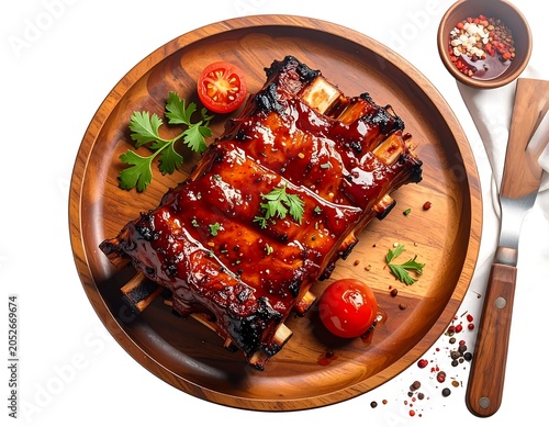 Succulent, glazed ribs rest on a wooden plate, garnished with fresh herbs and tomatoes. A bowl of sauce and peppercorns sit to the side