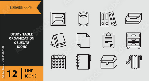 Obraz na płótnie Study Table Organization Objects Outline Icons for Efficient Academic Planning