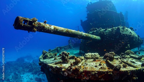 Sunken vessel's rusty turret & deck on seafloor, surrounded by vibrant coral & marine life, captured underwater in clear blue water