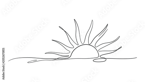 Minimalist continuous line drawing of a sunrise over the horizon.