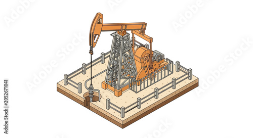Isometric illustration of an oil pumpjack extracting crude petroleum for energy production.