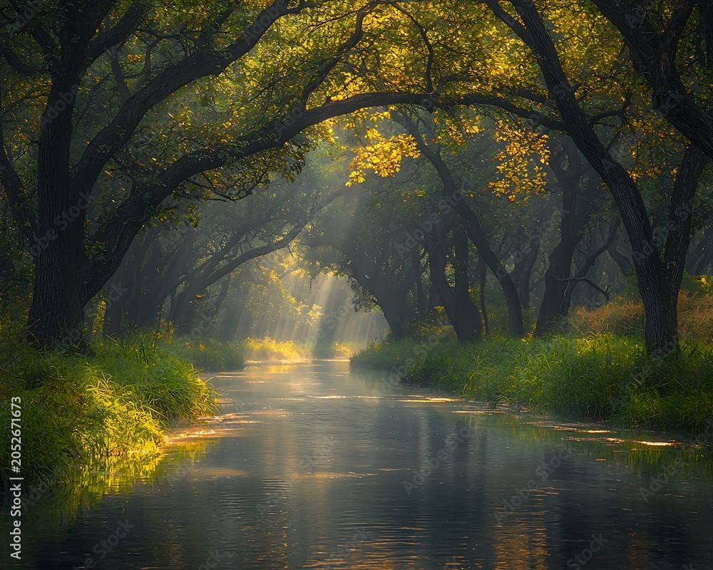 Fototapeta premium Serene River Through Forest Canopy Sun Rays Illuminate Natures Beauty.