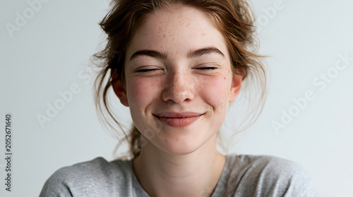 Close-up photo of a happy young woman with freckles and closed eyes