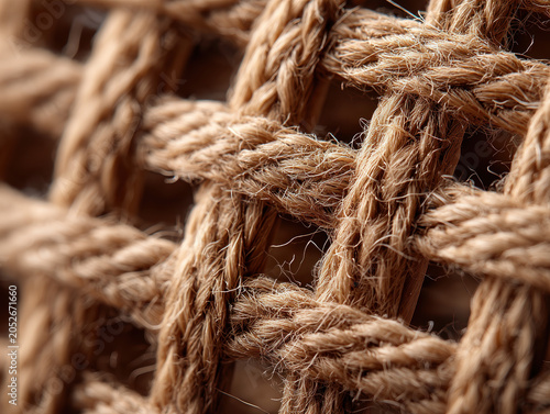 Close-up of interwoven thick natural jute rope strands showing detailed texture and rustic appearance