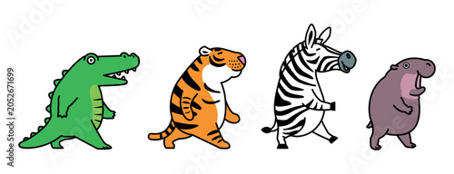 Fotografie Vector illustration of a cartoon wild animal walking crocodile,tiger,zebra,pygmy