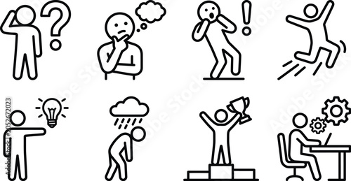 Business people character emotion icon set with confused thinking surprised jumping idea sad winner working poses