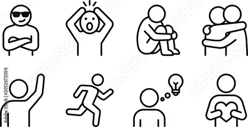 Modern Minimalist Stick Figure Icons Representing Human Emotions and Activities