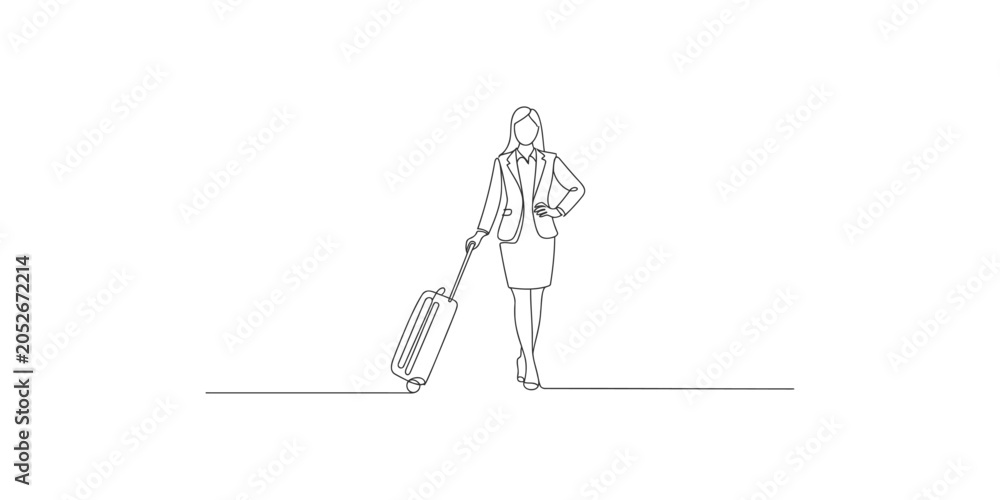 Obraz premium A simple line drawing of a businesswoman pulling a suitcase on a white background