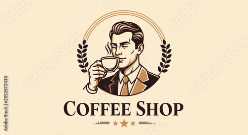 Bild auf Leinwand Vintage Gentleman Enjoying Coffee at a Coffee Shop Logo.