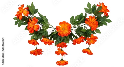 Vibrant orange flower garland with lush green foliage
