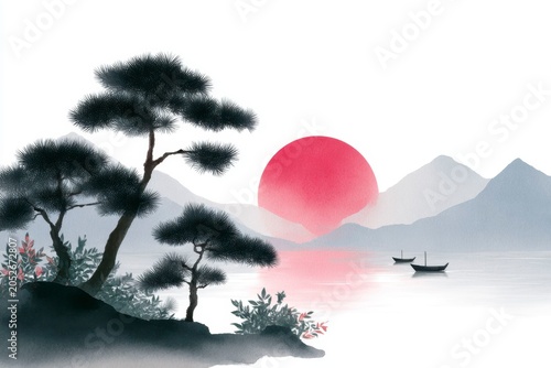 black and white japanese landscape with a red sun over the sea, boats on the water, pine trees in the foreground, and mountains in the background.